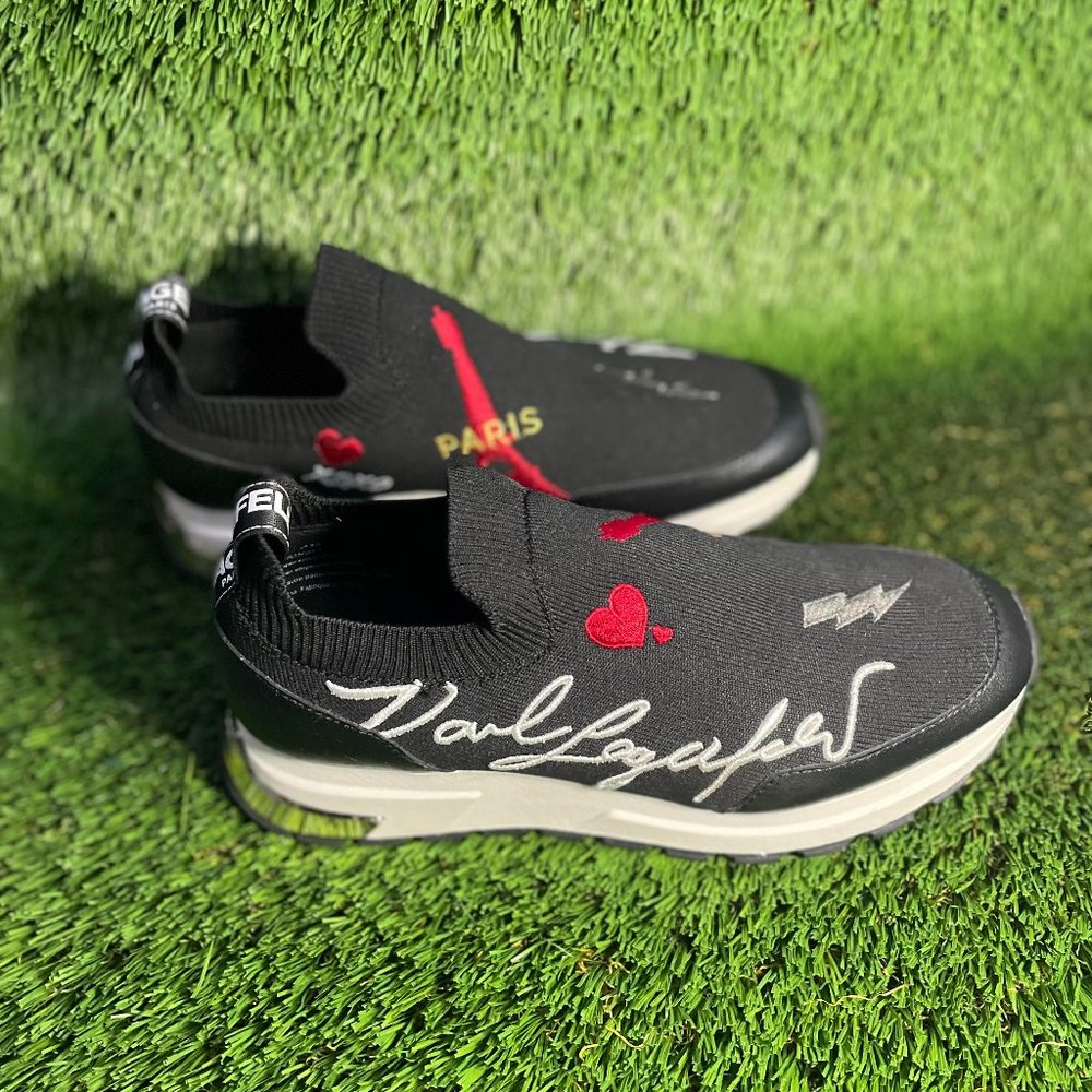 Karl Lagerfeld "Miranda Logo Knit Slip On Sneakers" Black and White (Size 8)